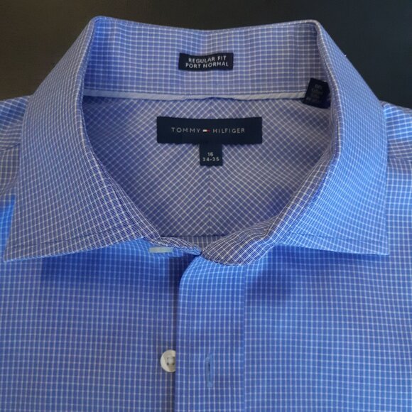 Tommy Hilfiger SZ 16 Reg Fit Blue & White Check Men's Button Up Shirt - Picture 2 of 10